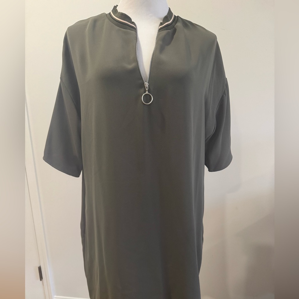 Zara Dark Green Tunic Shift Dress with Zipper Detail